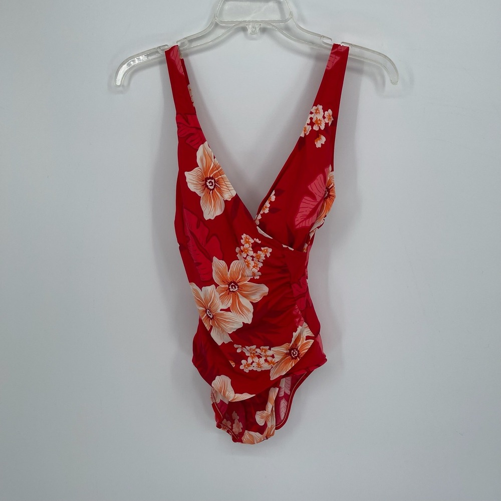 Classics by Jantzen Vintage Women's Red Floral Surplice One Piece Swimsuit Sz 10
